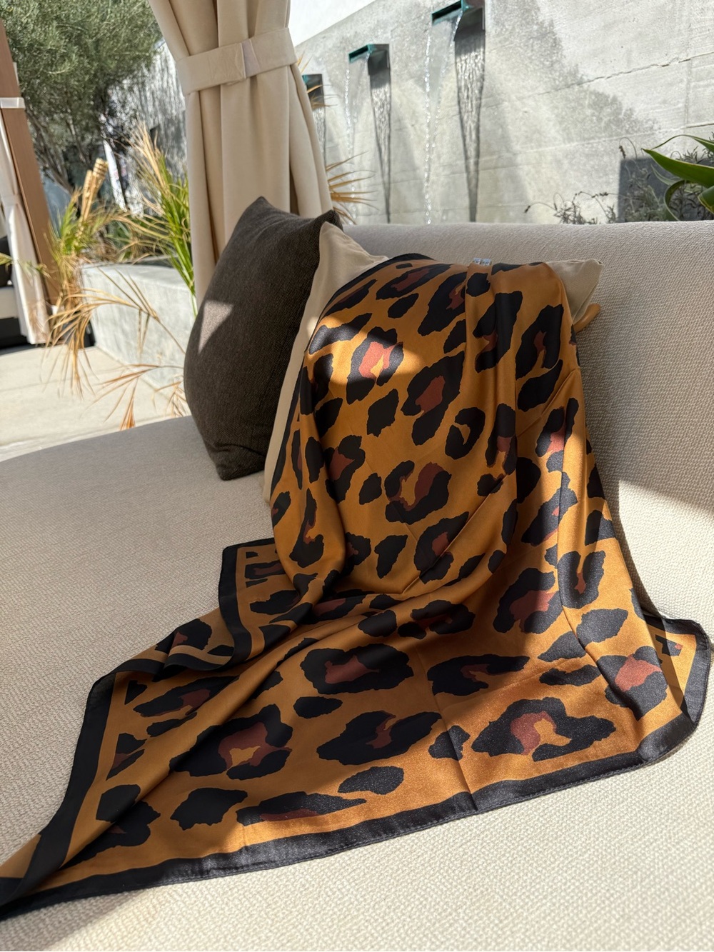 Leopard Print Silk-Feel Scarf in Caramel & Black